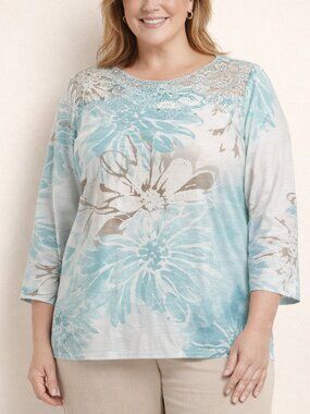 Alfred Dunner Floral Print Lace Yoke 3/4 Sleeve 1X Blouse